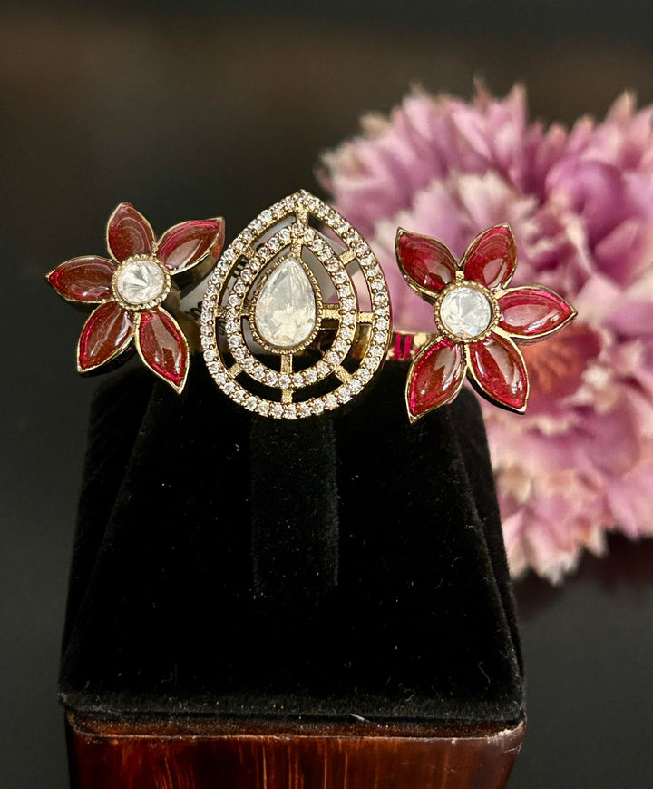 Red Floral & Teardrop Statement Ring – Adjustable Party & Wedding Wear