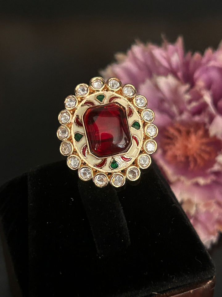Royal Red Kundan Statement Ring – Adjustable Traditional Party & Bridal Wear