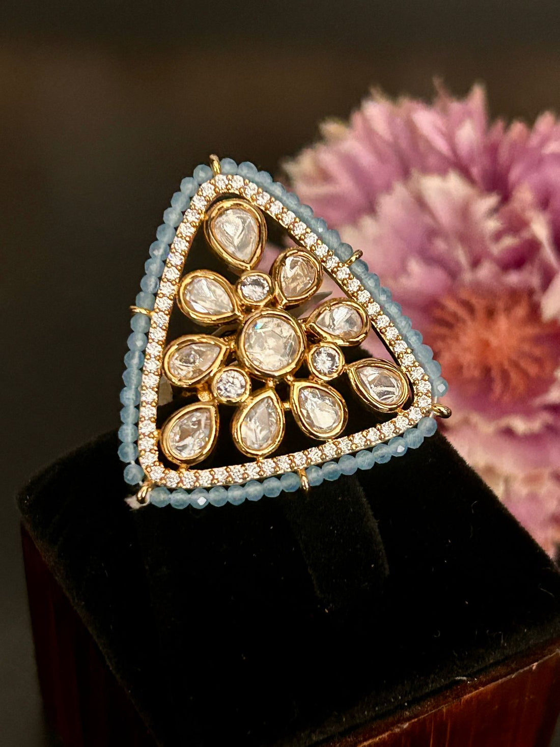 Triangular Blue Beaded Kundan Ring – Unique Adjustable Statement Ring