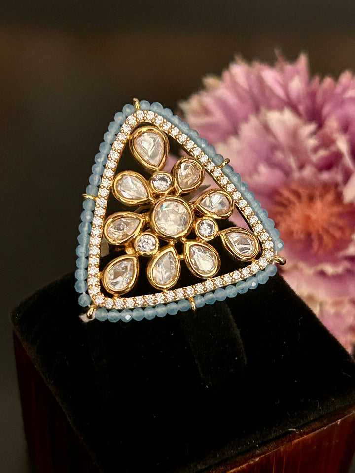 Triangular Blue Beaded Kundan Ring – Unique Adjustable Statement Ring