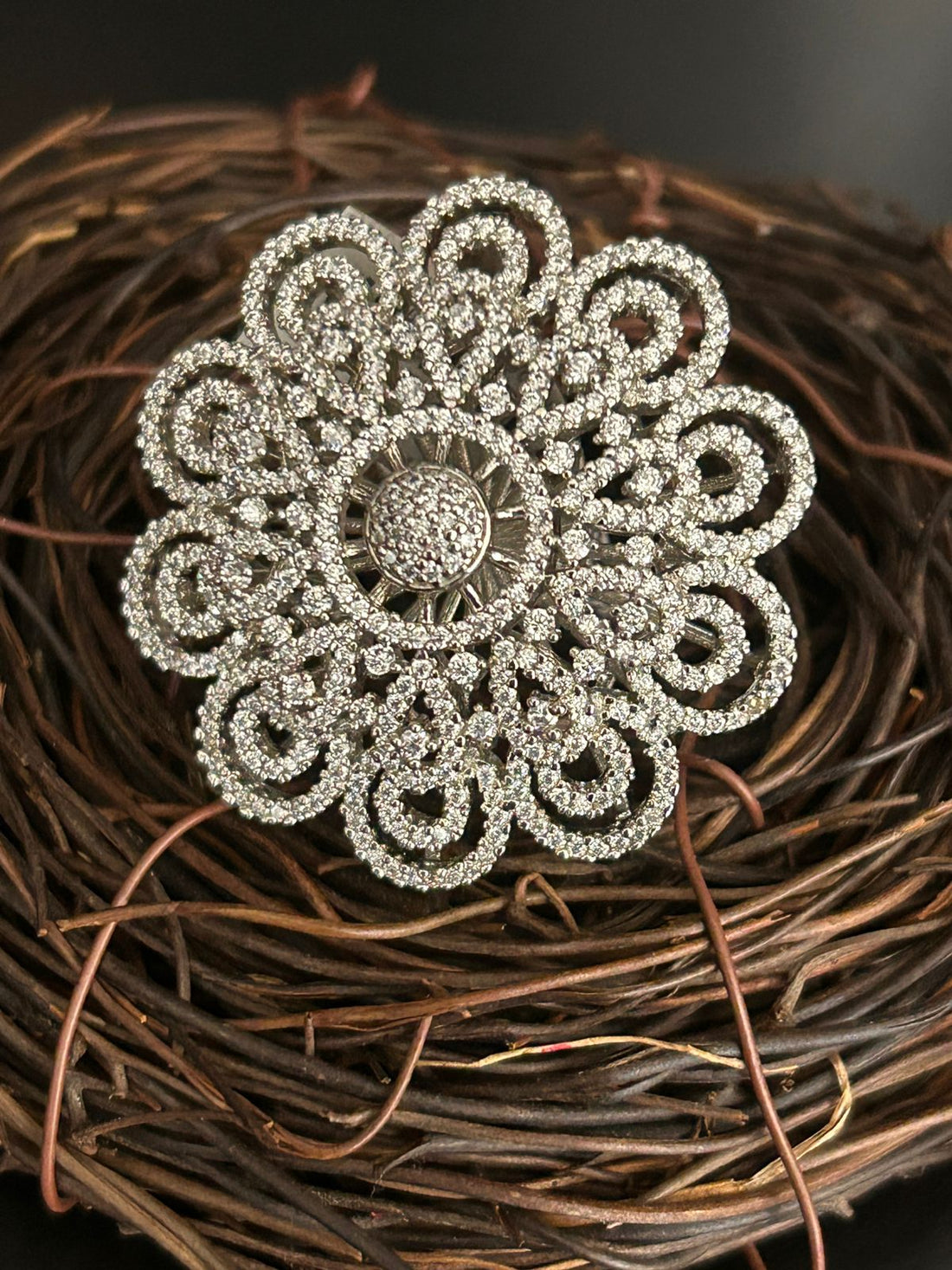 Full Diamond Floral Cocktail Ring – Luxury Party Wear Statement Ring