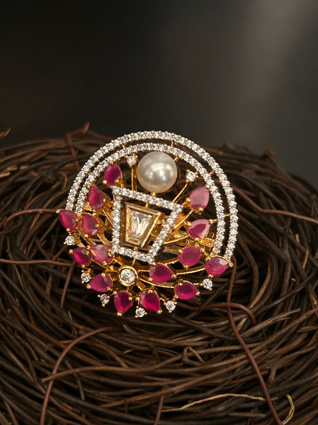 Ruby & Pearl Designer Statement Ring – Luxury Kundan Cocktail Ring