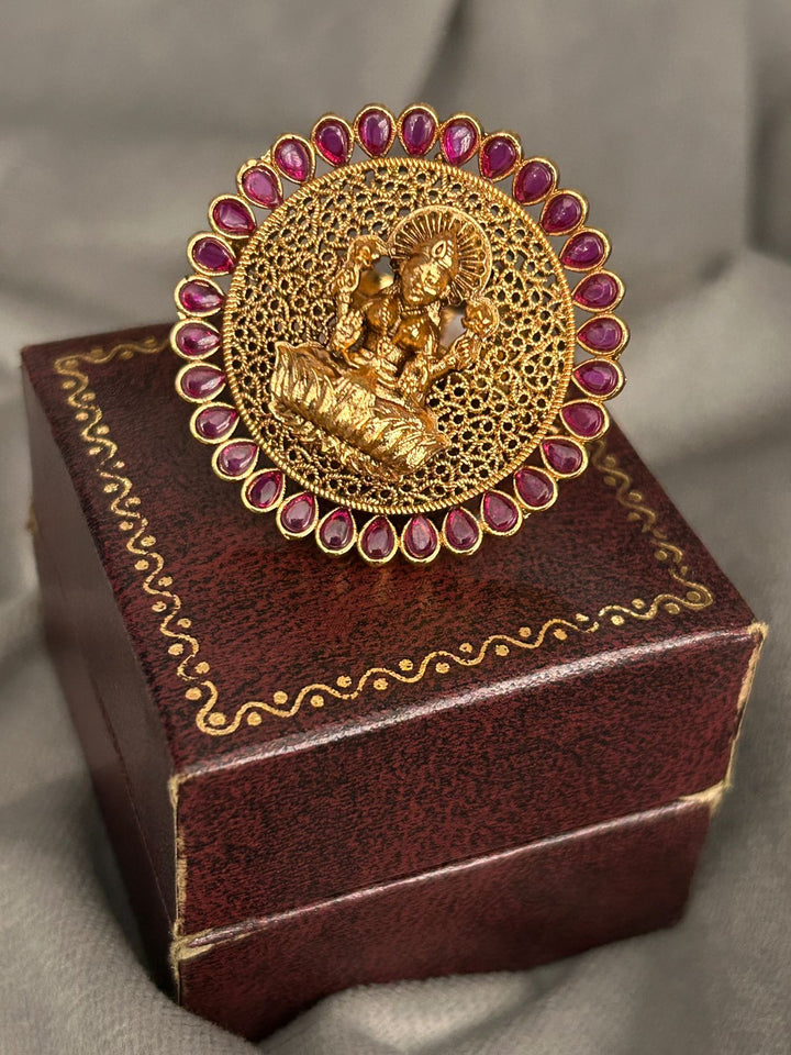 Temple Lakshmi Adjustable Ring – Antique Gold with Ruby Stone Border