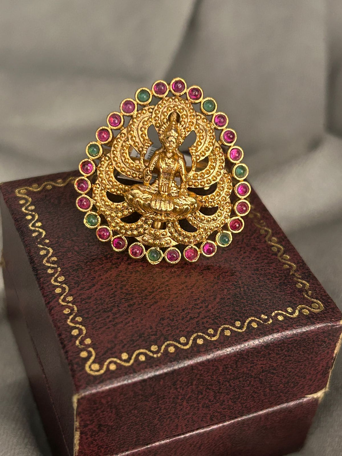 Temple Lakshmi Adjustable Ring – Antique Gold with Ruby & Green Stone Border