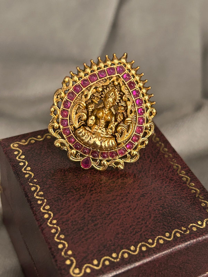 Temple Lakshmi Ruby Adjustable Ring – Antique Gold Finish