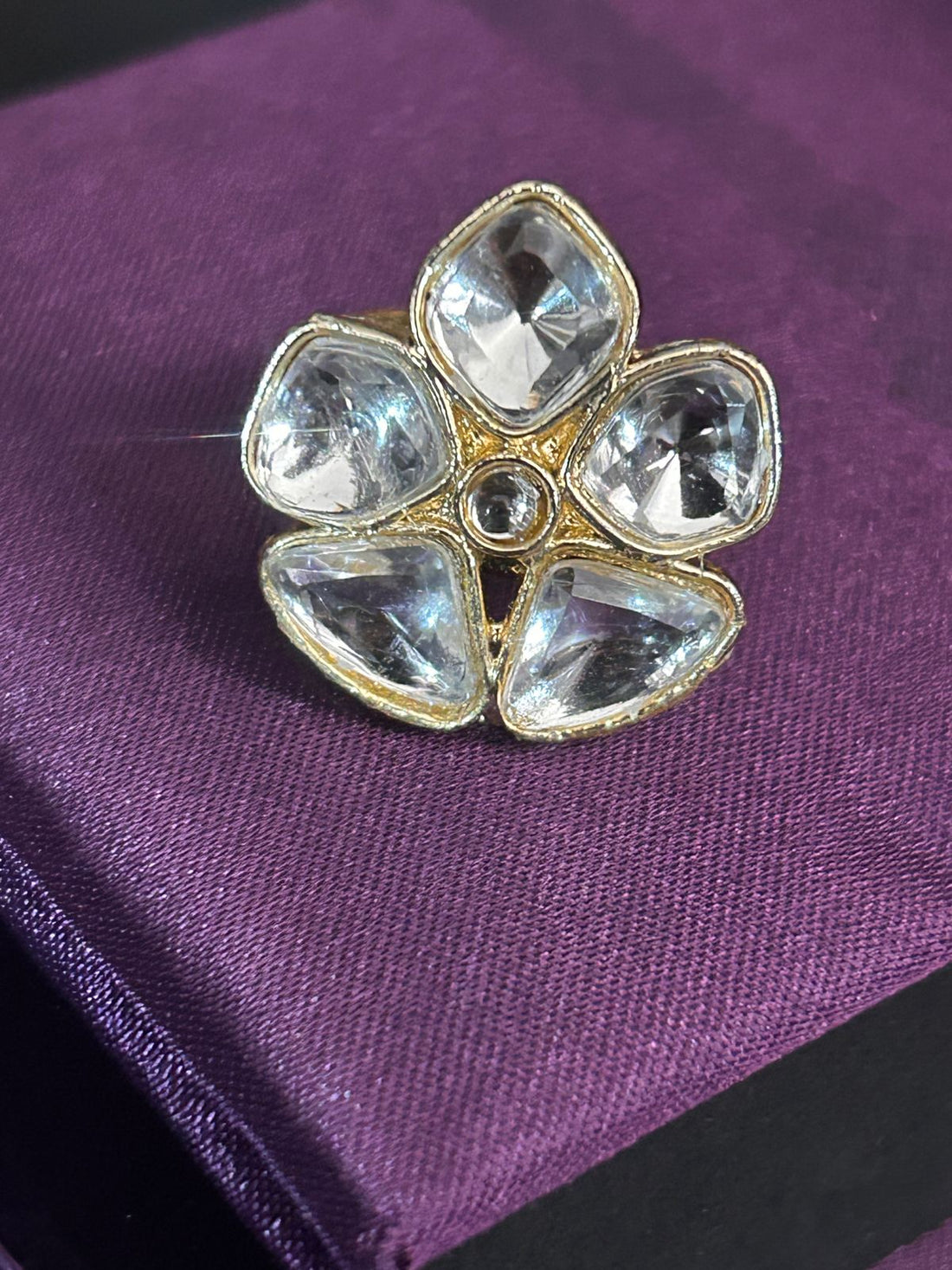 Floral Kundan Adjustable Ring – Clear Stone Flower Design