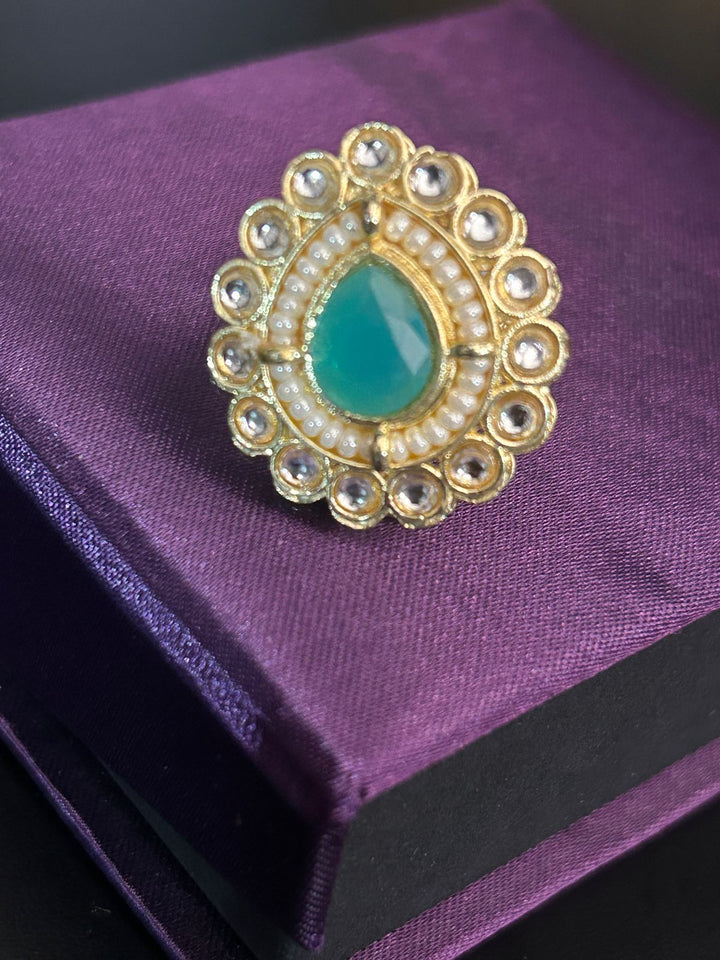 Green Stone Kundan Adjustable Ring – Gold Finish