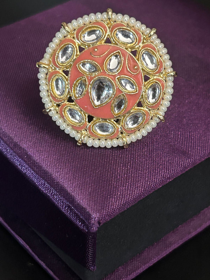 Peach Enamel Kundan Adjustable Ring – Ethnic Oversized Statement Jewellery