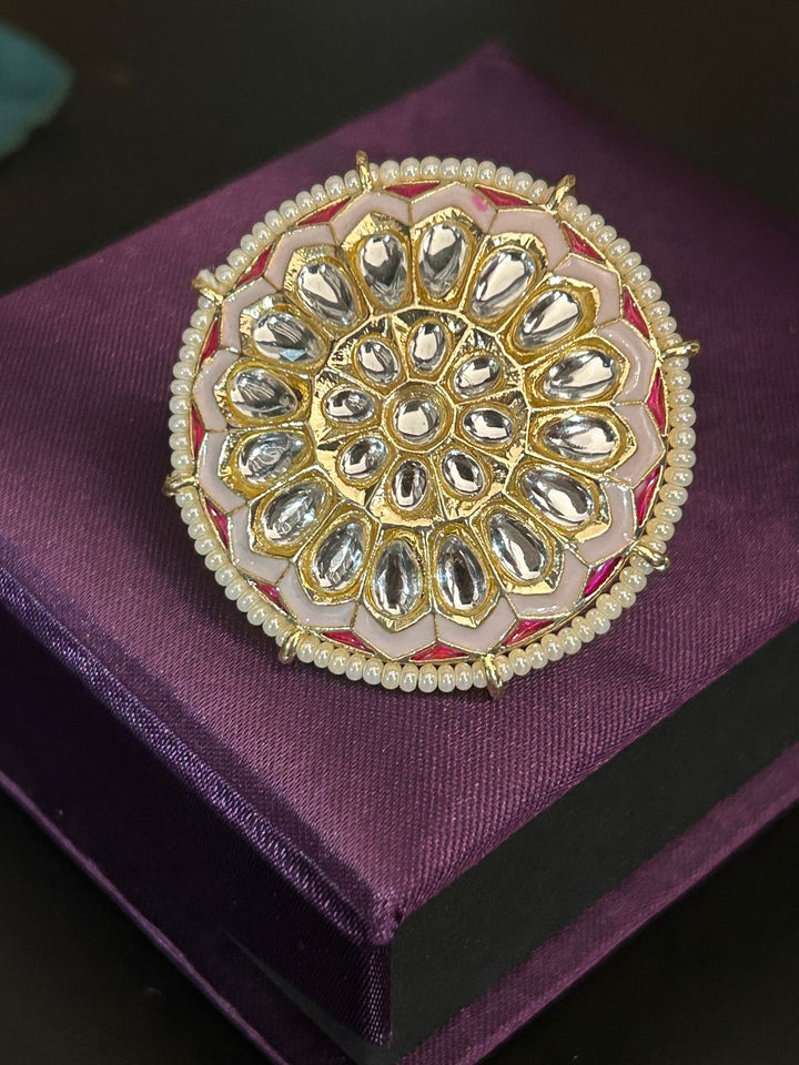 Pink Enamel Kundan Adjustable Ring – Oversized Bridal & Festive Statement Ring