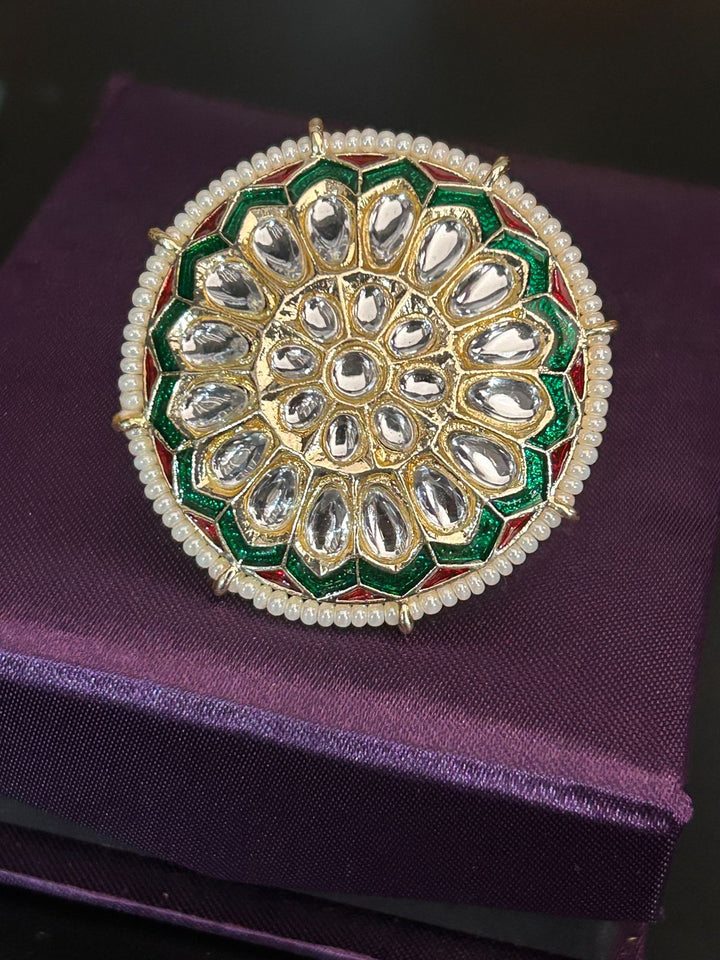 Green & Red Enamel Kundan Adjustable Ring – Oversized Bridal Statement Ring