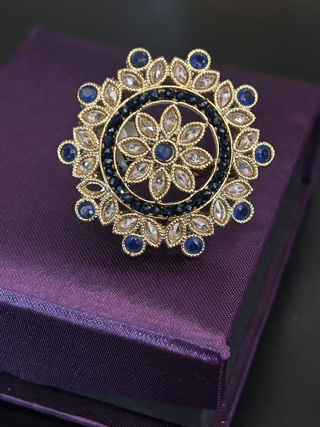 Blue Stone Floral Adjustable Ring – Elegant Kundan Statement Ring