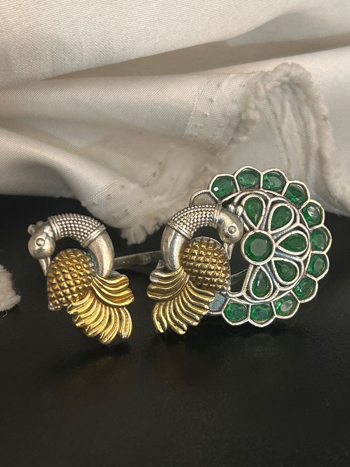 Dual Peacock Oxidized Adjustable Ring with Green Stone Work