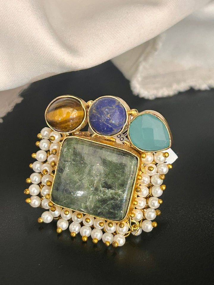 Multistone Square Adjustable Ring with Pearl Border