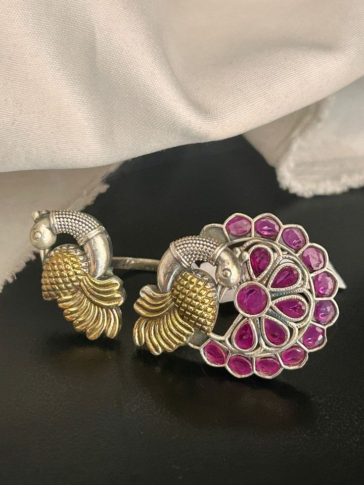 Dual Peacock Adjustable Oxidized Silver Ring with Ruby Red Stones