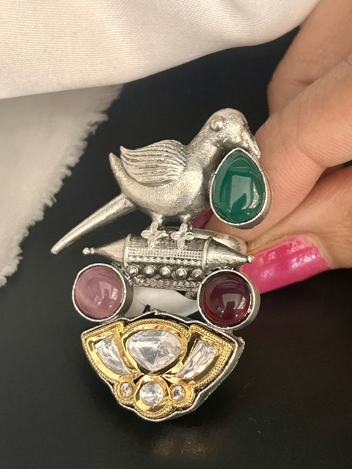 Vintage Bird Motif Adjustable Oxidized Silver Ring with Multicolor Stones