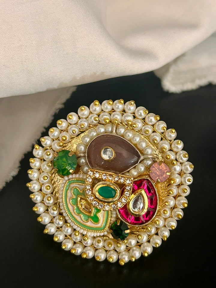 Pearl-Embellished Multi-Stone Adjustable Kundan Ring
