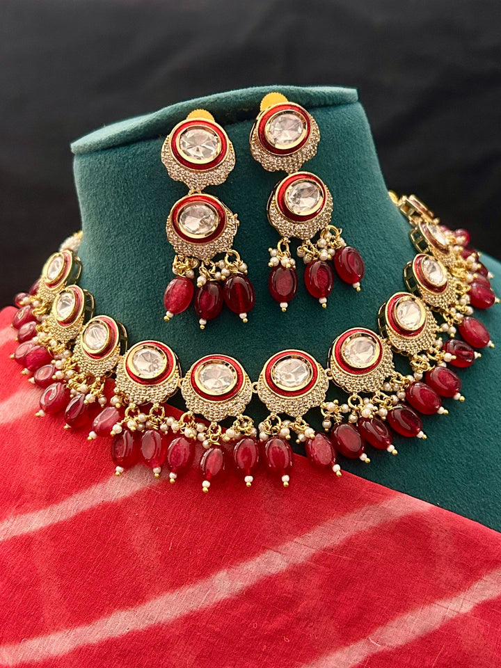Ruby Red Kundan Choker Necklace Set with Earrings – Gold Finish