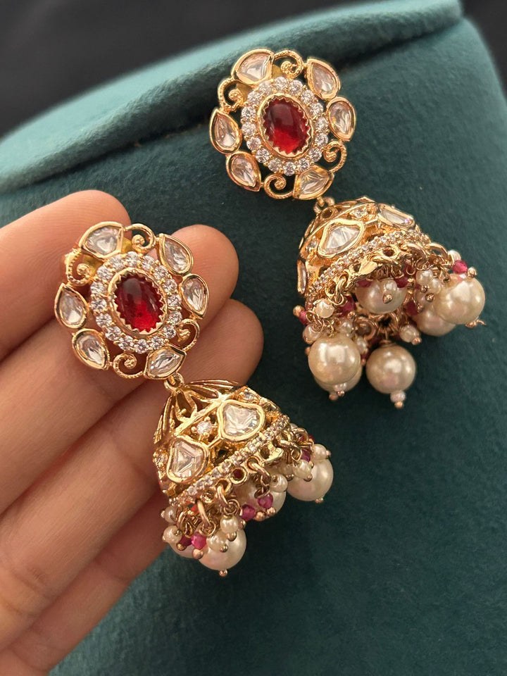 Elegant Red Kundan Pearl Bridal Necklace Set with Jhumka Earrings