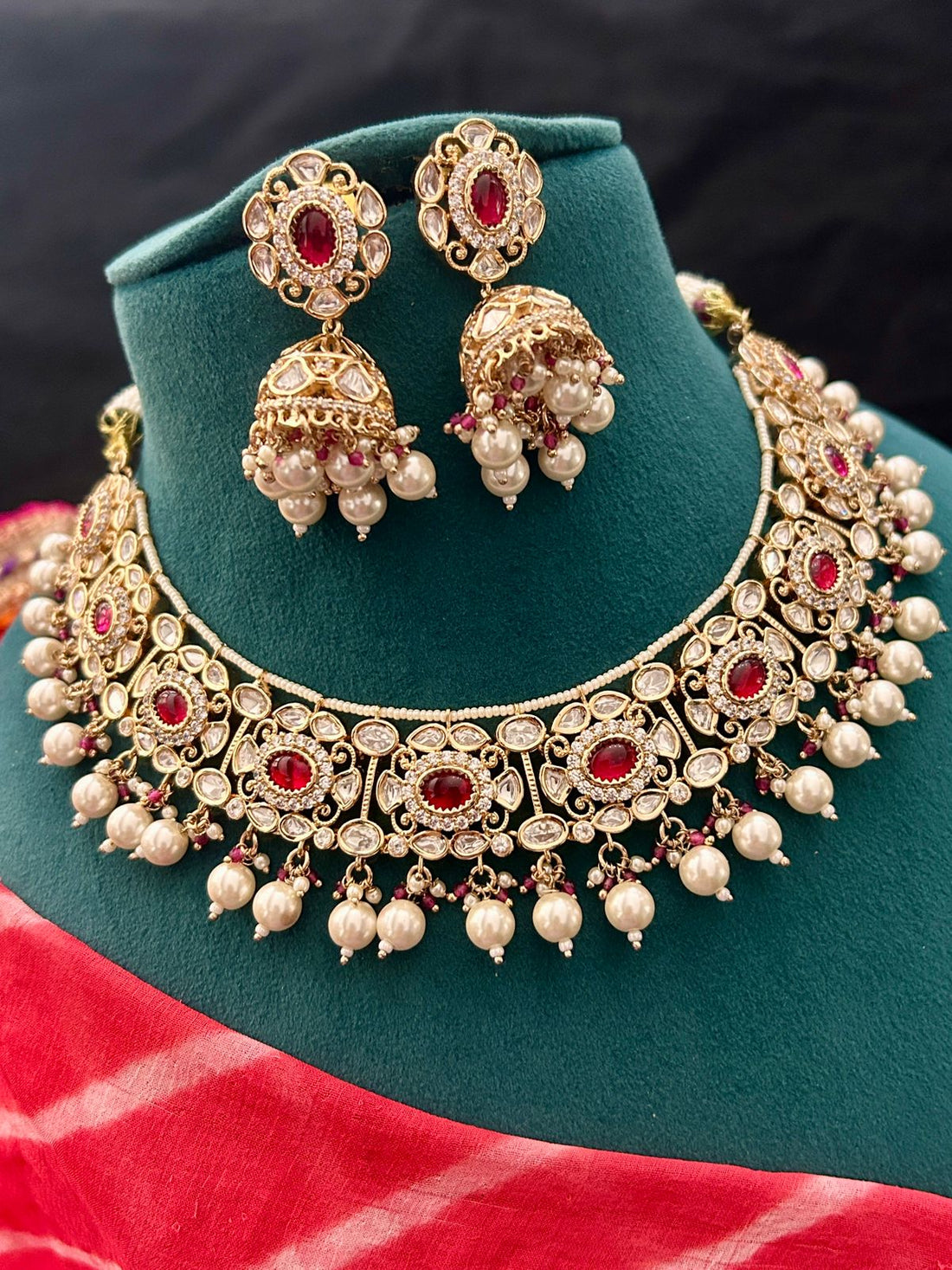 Elegant Red Kundan Pearl Bridal Necklace Set with Jhumka Earrings