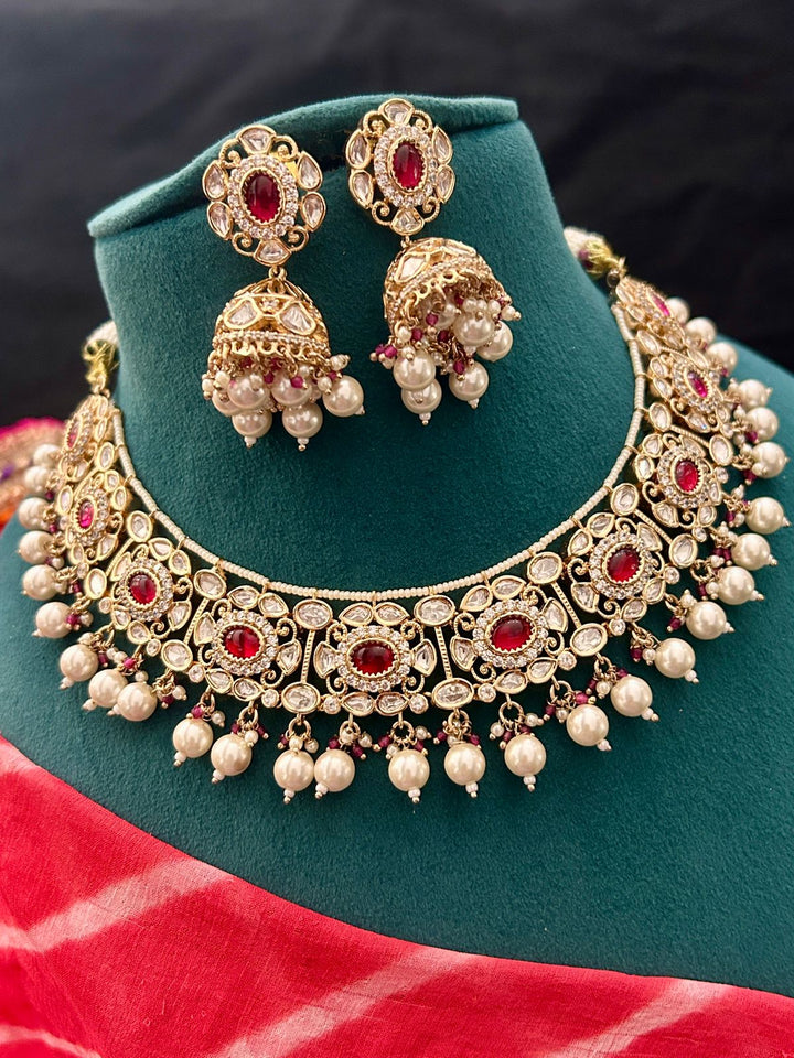 Elegant Red Kundan Pearl Bridal Necklace Set with Jhumka Earrings