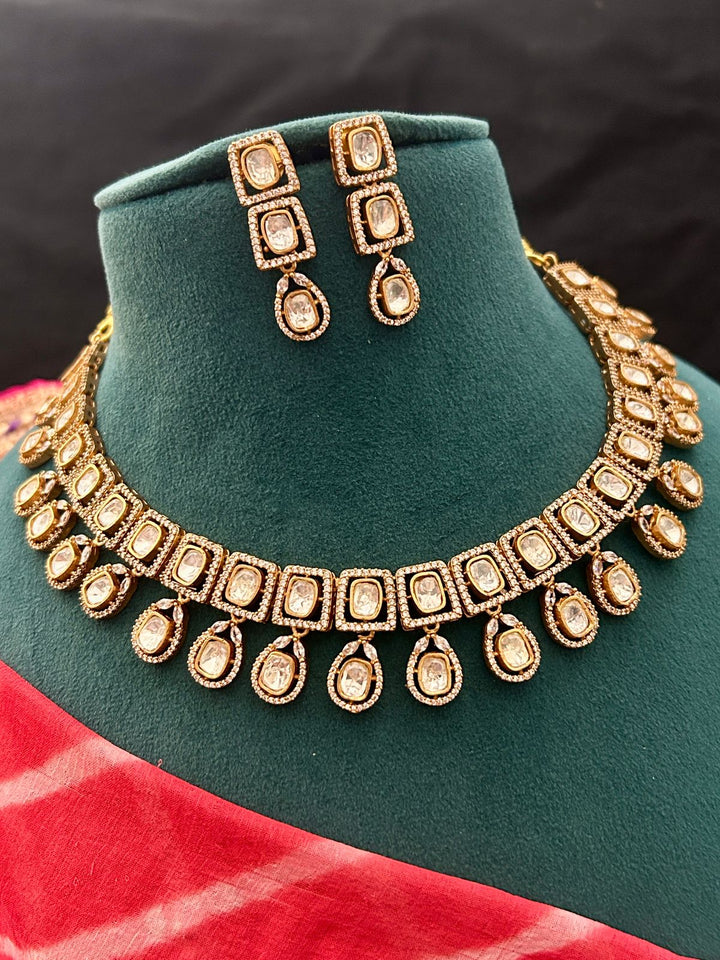 Classic Kundan Square & Drop Necklace Set with Earrings
