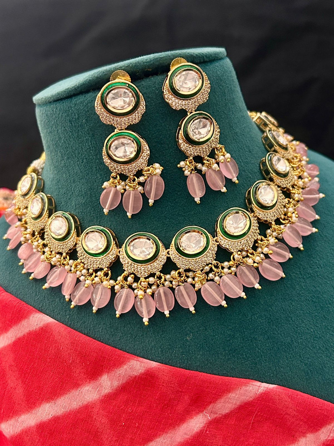 Elegant Kundan Necklace Set with Pink Beads & Earrings