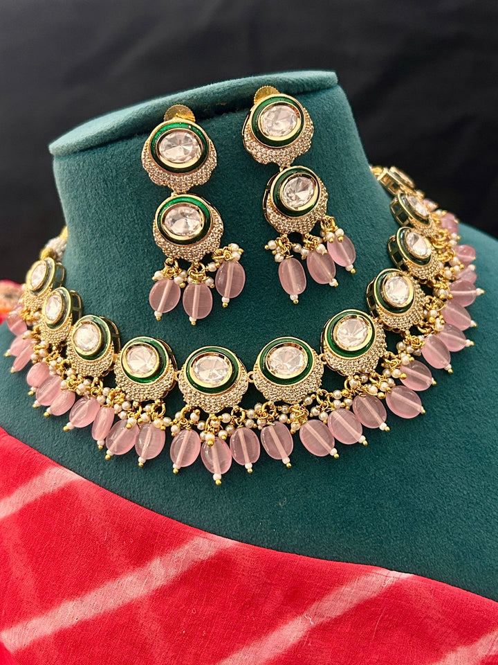Elegant Kundan Necklace Set with Pink Beads & Earrings