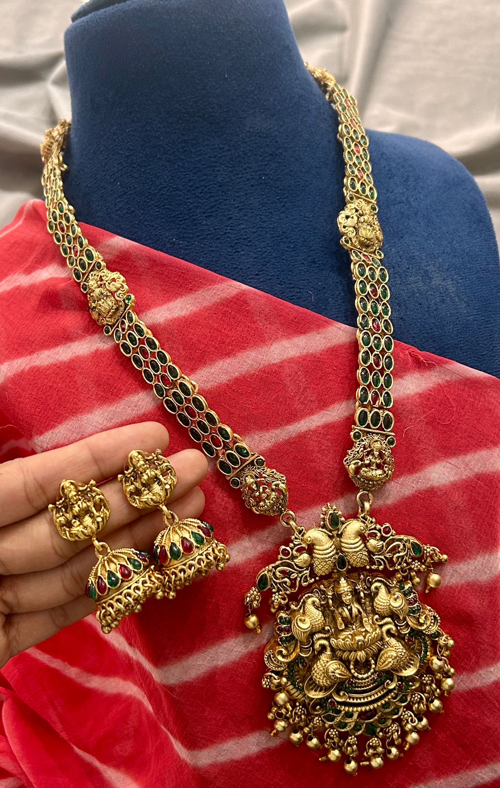 Temple Jewellery Long Haram Set with Lakshmi Pendant & Jhumkas
