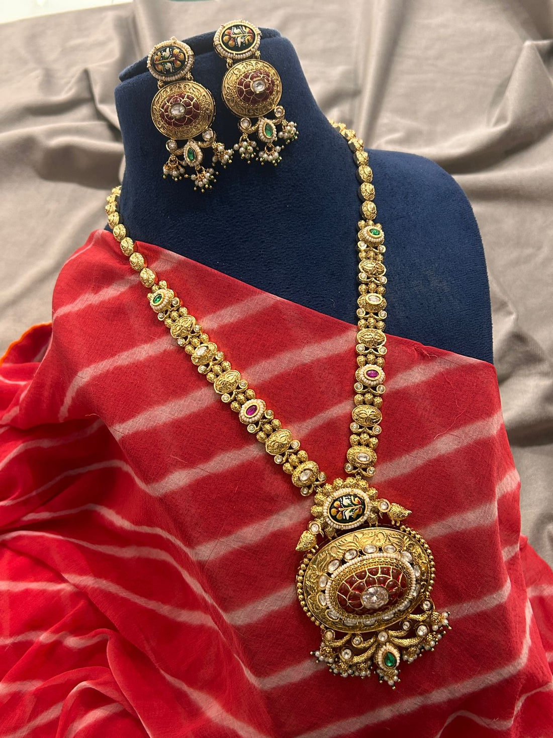 Traditional Temple Jewellery Long Haram with Kemp Pendant & Earrings