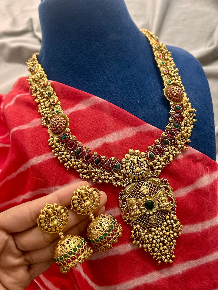 Antique Temple Jewellery Long Haram with Jhumka Earrings