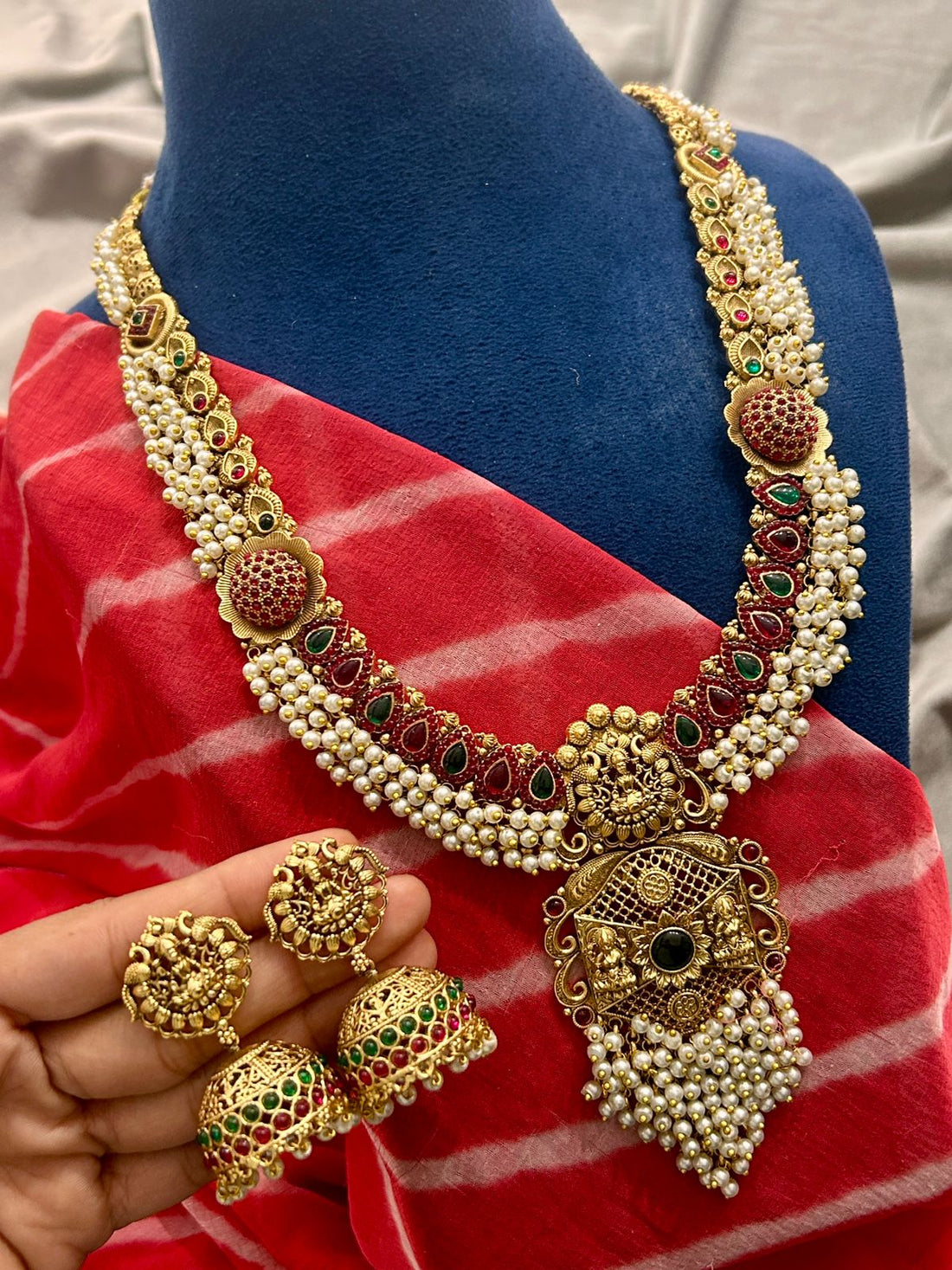 Antique Temple Jewellery Long Pearl Haram with Jhumka Earrings