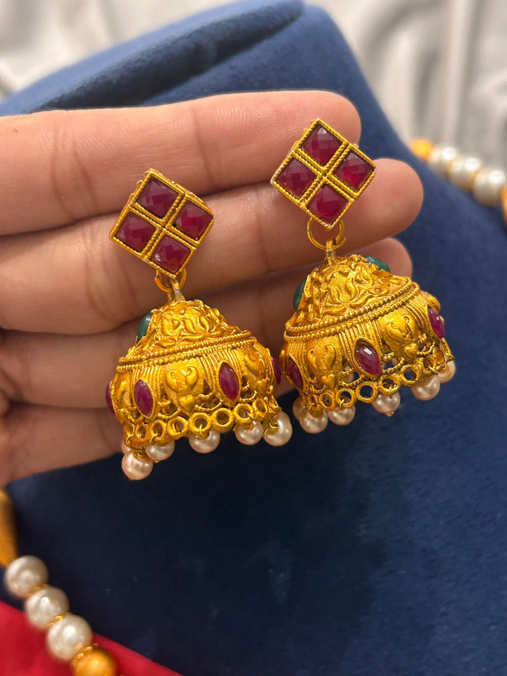 Temple Jewellery Pearl Mala with Lakshmi Pendant & Jhumka Earrings