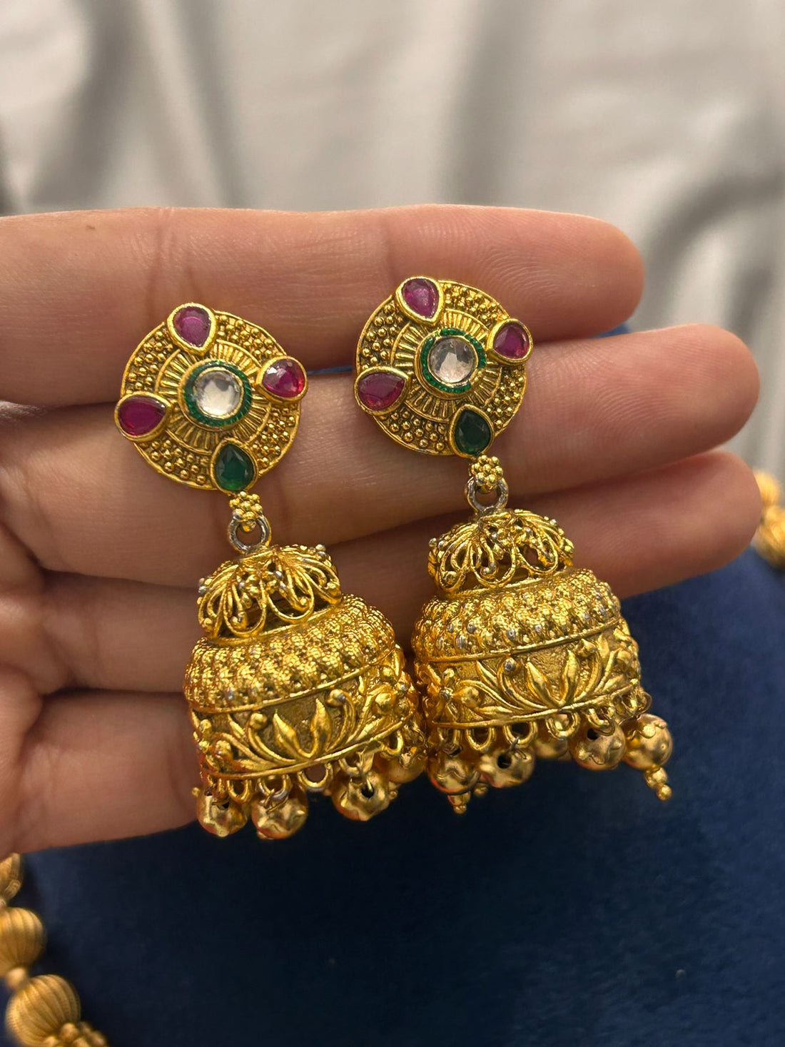 Antique Temple Jewellery Necklace with Bold Pendant & Jhumka Earrings