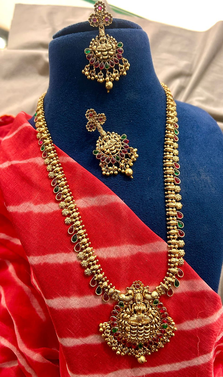 Antique Lakshmi Temple Necklace with Red-Green Stone Detailing & Earrings