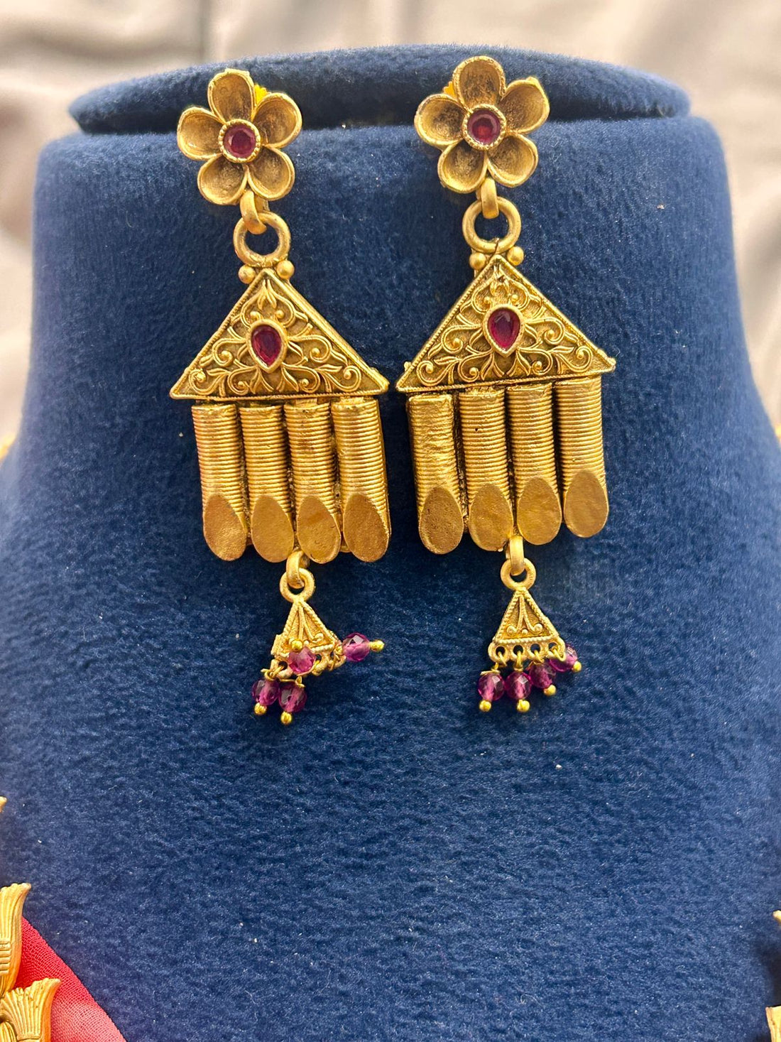 Antique Peacock Temple Necklace with Hanging Pendant & Earrings