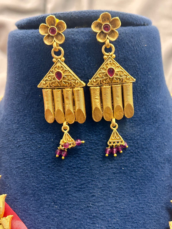 Antique Peacock Temple Necklace with Hanging Pendant & Earrings