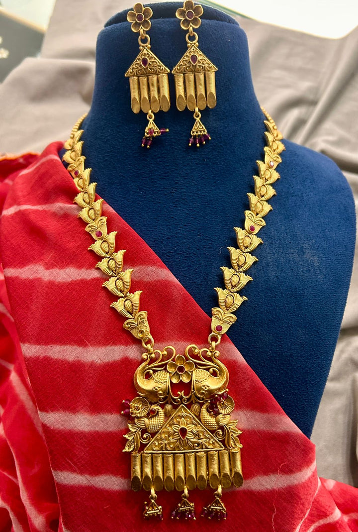 Antique Peacock Temple Necklace with Hanging Pendant & Earrings