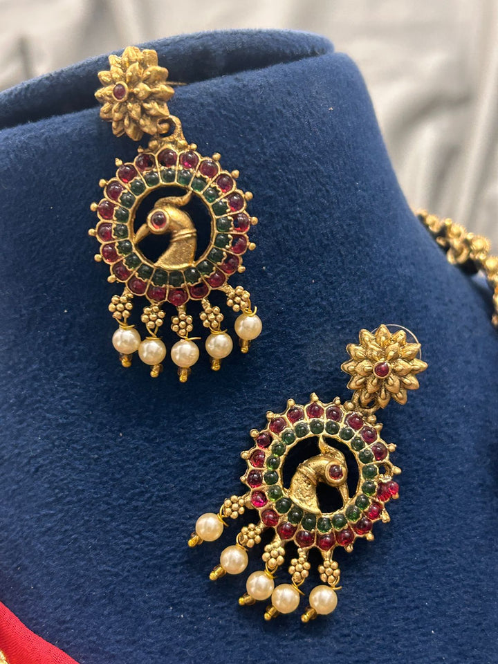 Antique Lakshmi Temple Necklace with Peacock Motifs & Pearl Drops