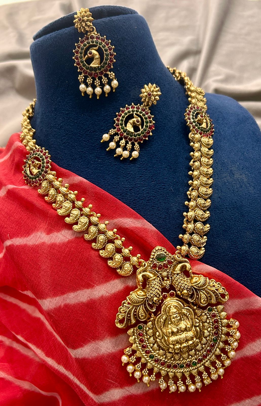 Antique Lakshmi Temple Necklace with Peacock Motifs & Pearl Drops