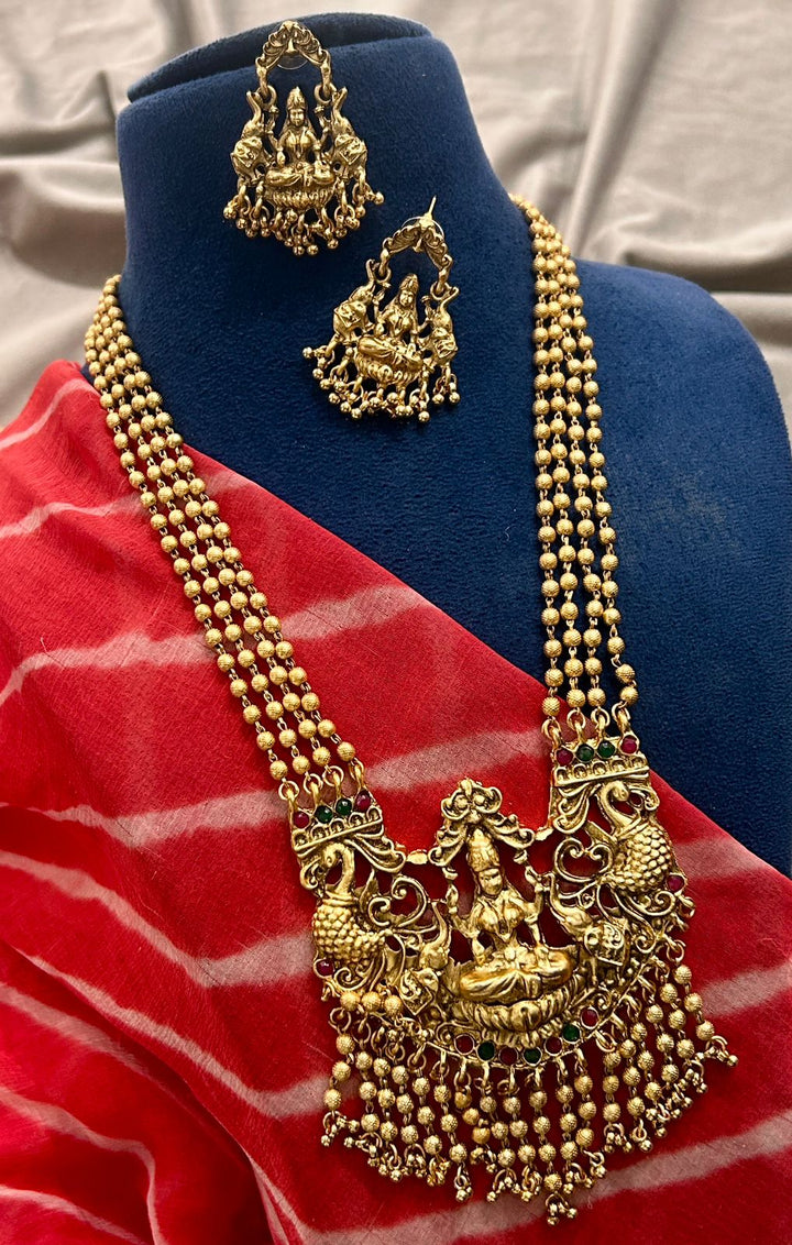 Antique Lakshmi Temple Necklace with Peacock Motifs & Earrings