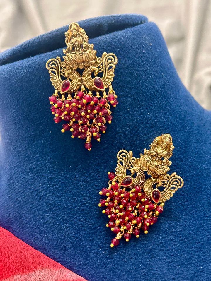 Divine Lakshmi Temple Necklace with Ruby Beads & Antique Finish