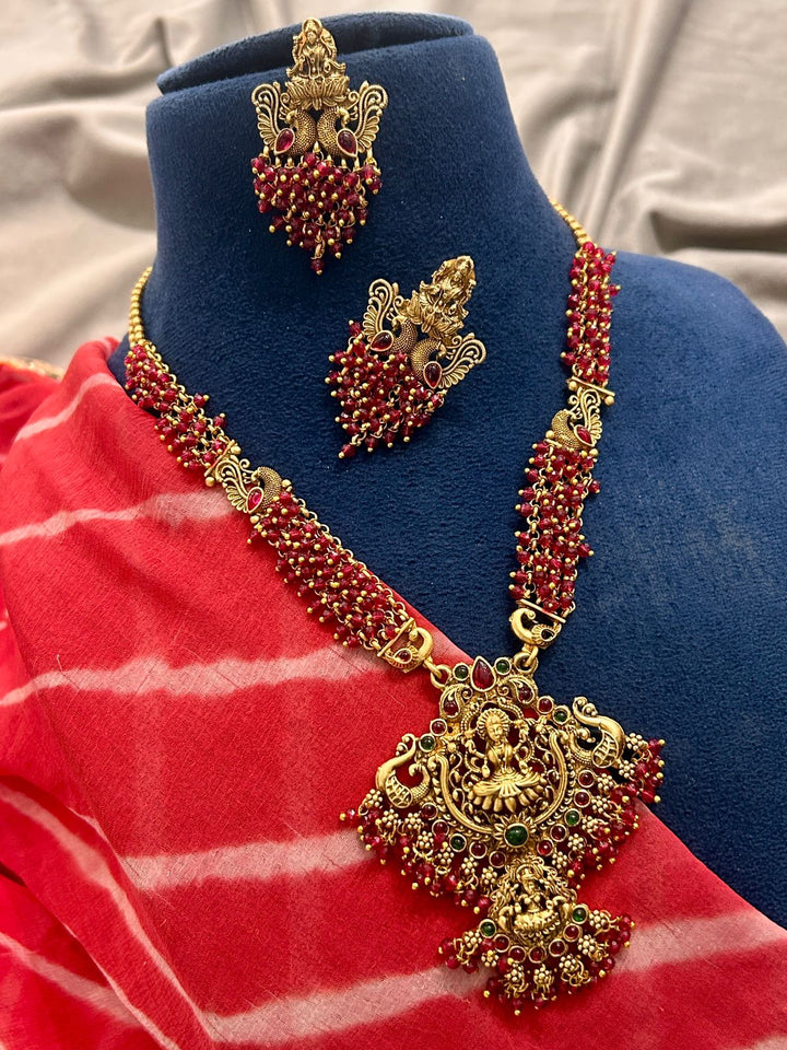 Divine Lakshmi Temple Necklace with Ruby Beads & Antique Finish