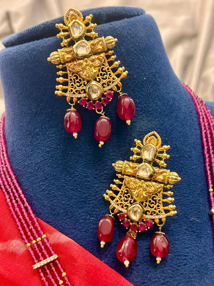 Royal Ruby Beaded Temple Necklace Set with Statement Pendant