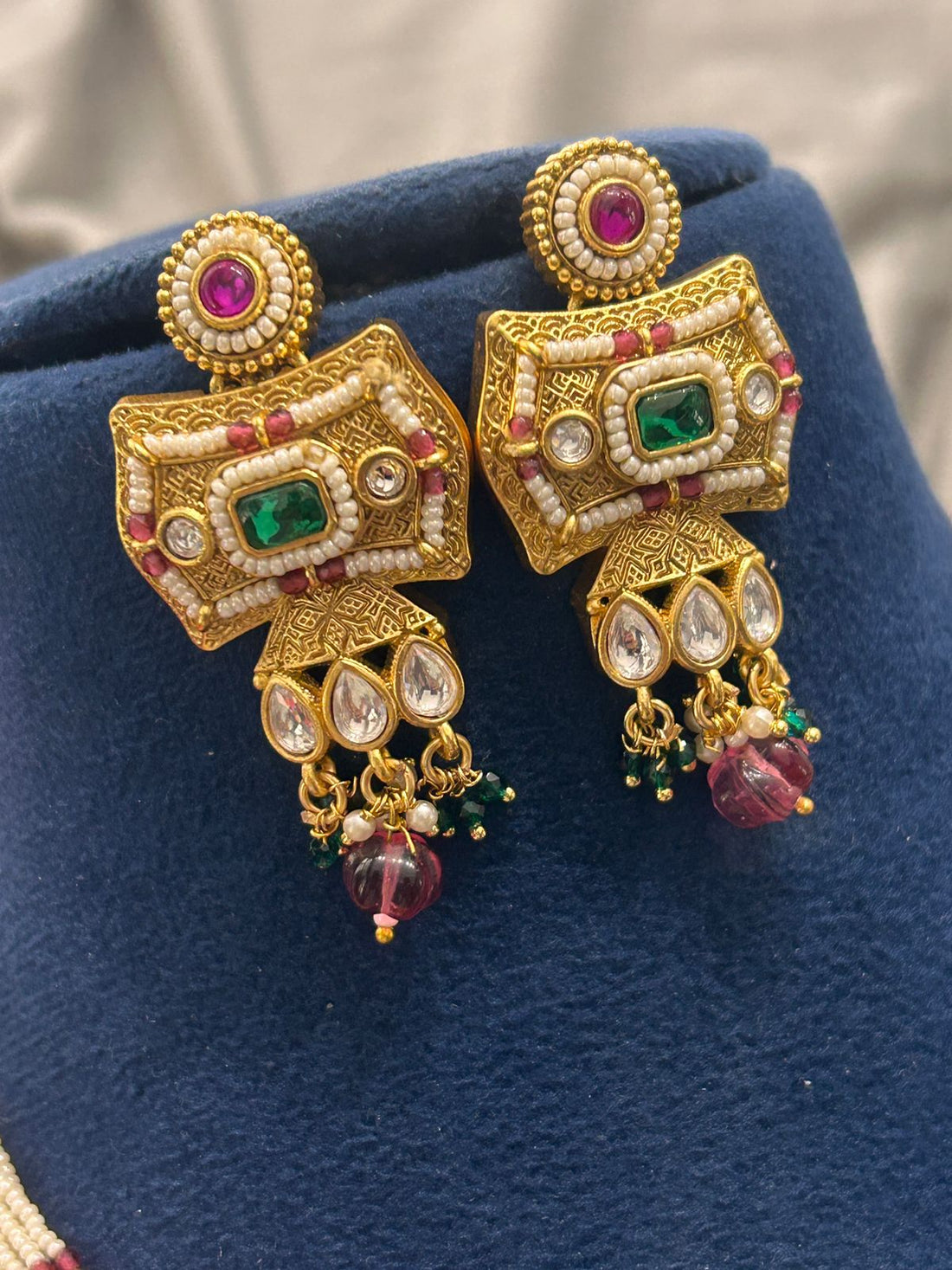 Traditional Temple Jewellery Pearl Haram with Ruby & Emerald Stones