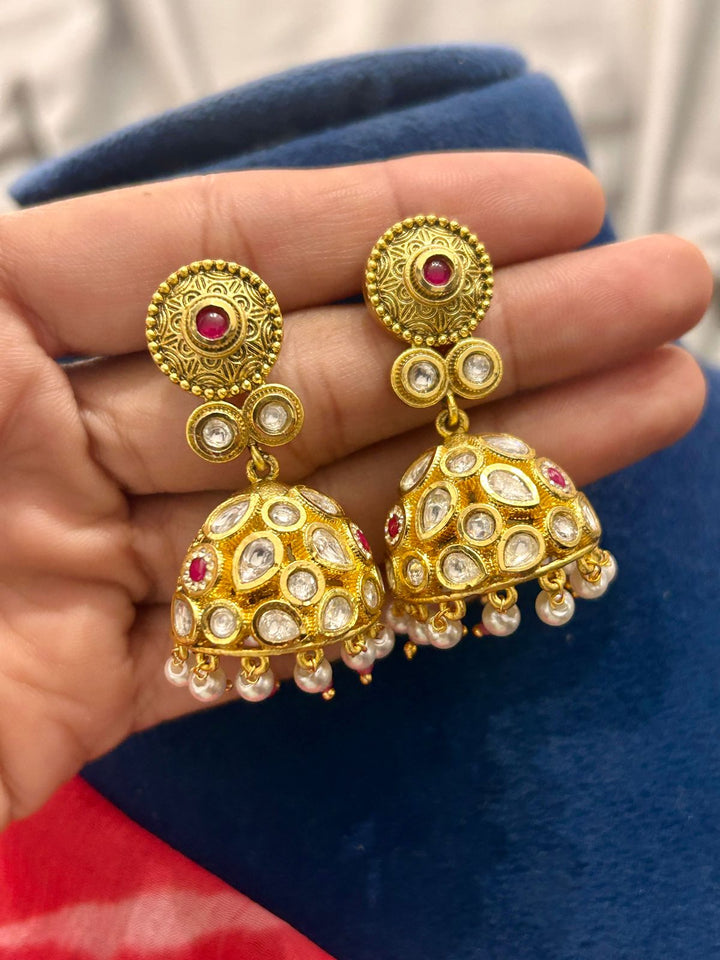 Antique Square Pendant Temple Necklace with Pearl Jhumka Earrings