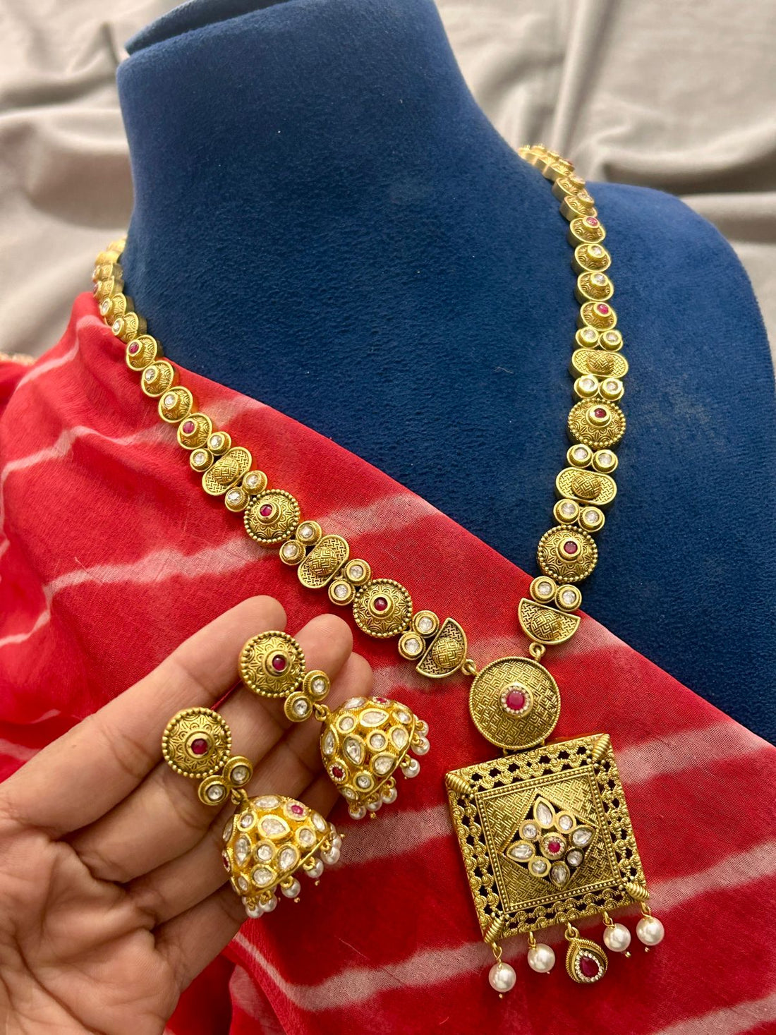 Antique Square Pendant Temple Necklace with Pearl Jhumka Earrings