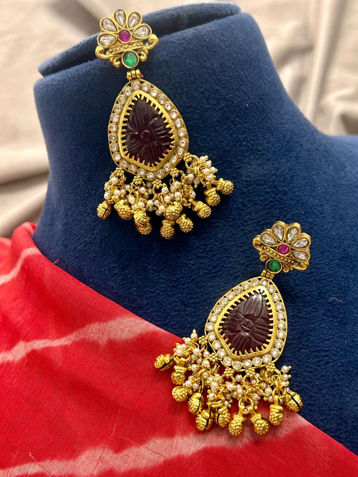 Heritage Peacock Temple Necklace with Carved Stone Pendant & Jhumka Earrings