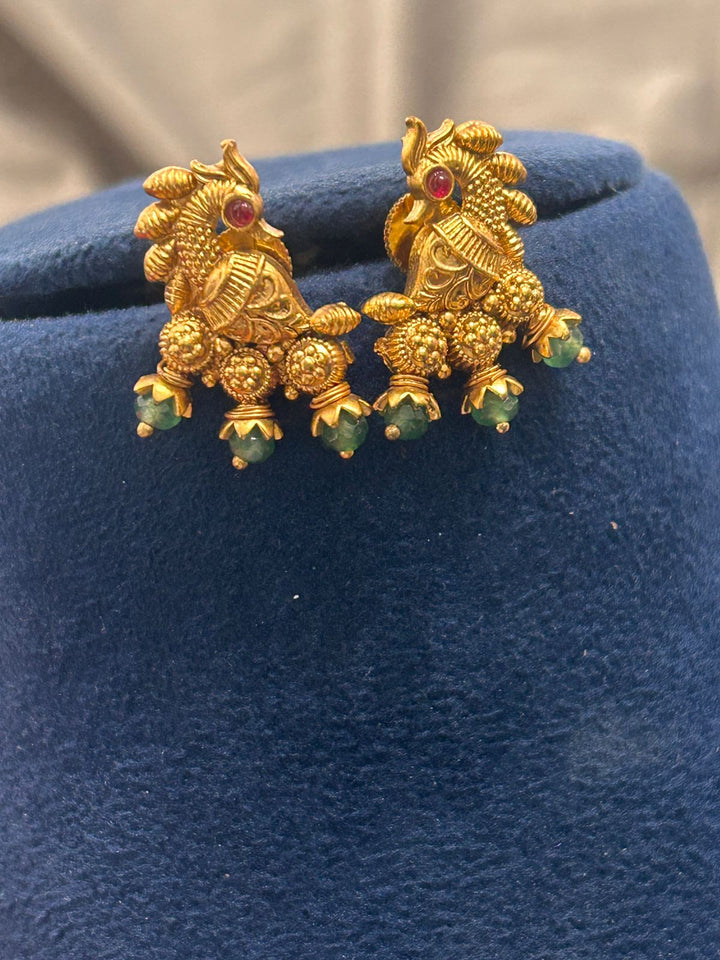 Antique Peacock Temple Necklace with Coral Beads & Matching Earrings