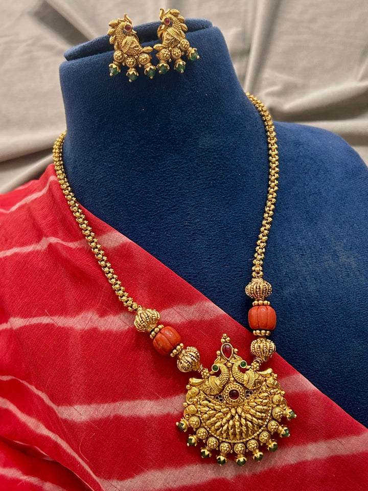 Antique Peacock Temple Necklace with Coral Beads & Matching Earrings