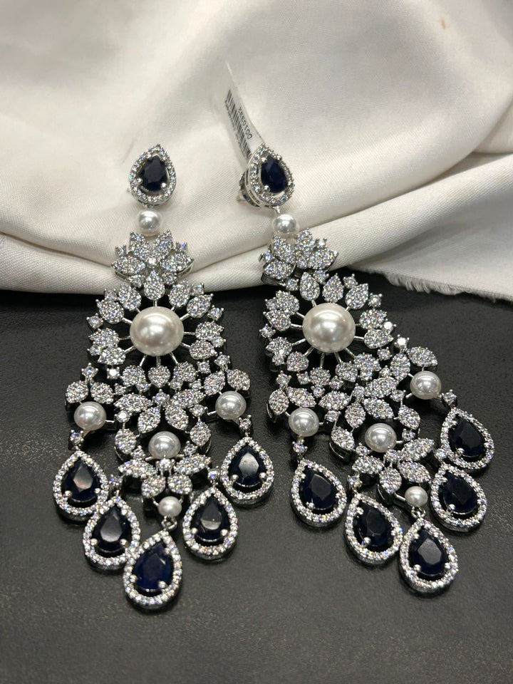 Luxury Sapphire Blue & Pearl Chandelier Earrings